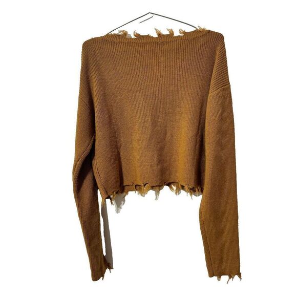Lovers and Friends Ripped Pullover Cropped Sweater Medium Brown Long Sleeve - Picture 2 of 5